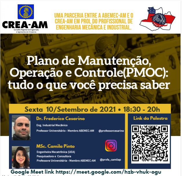 Crea-AM e Abemec-AM promovem palestra online sobre Plano de Manutenção, Operação e Controle