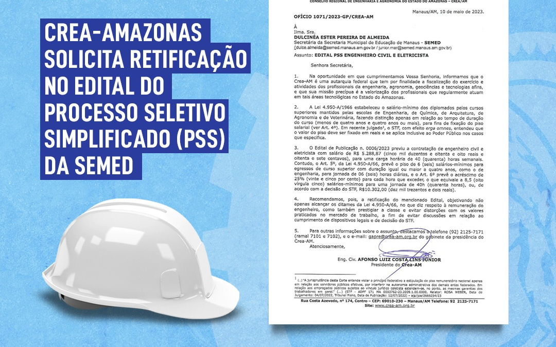 Crea-AM solicita a retificação do edital da SEMED da Prefeitura Municipal de Manaus