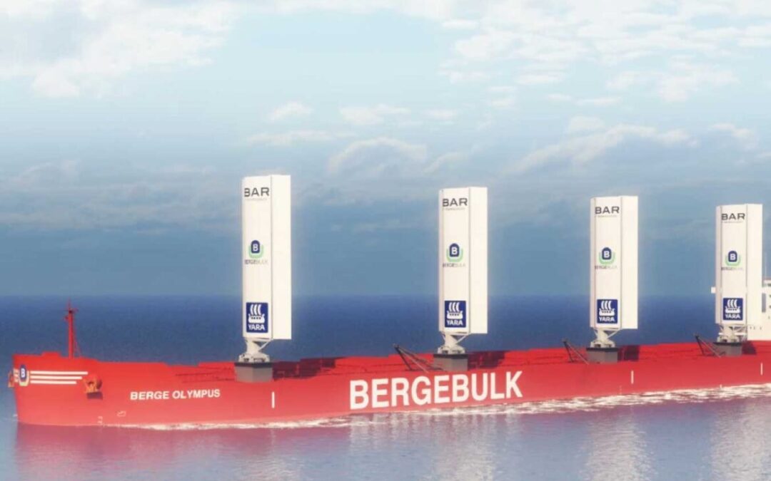 Navios cargueiros com velas de aço para diminuir uso de combustível