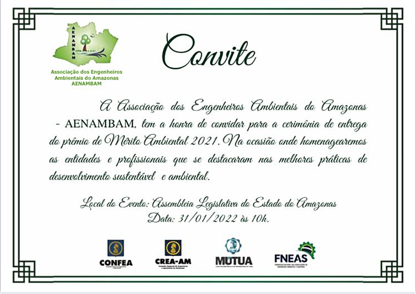 Aenambam, em parceria com Confea/Crea-AM, promove premiação Mérito Ambiental 2021