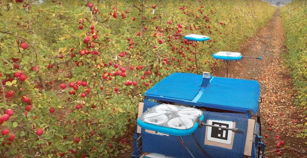 Robôs voadores sendo usados para colher frutas